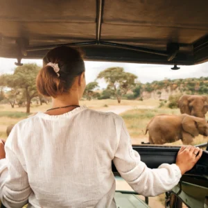 Woman on safari viewing elephants.