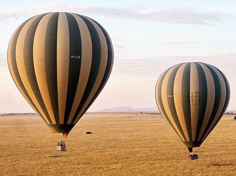 Luxury hot air balloon safari over the Serengeti plains during a Great African Safari tour